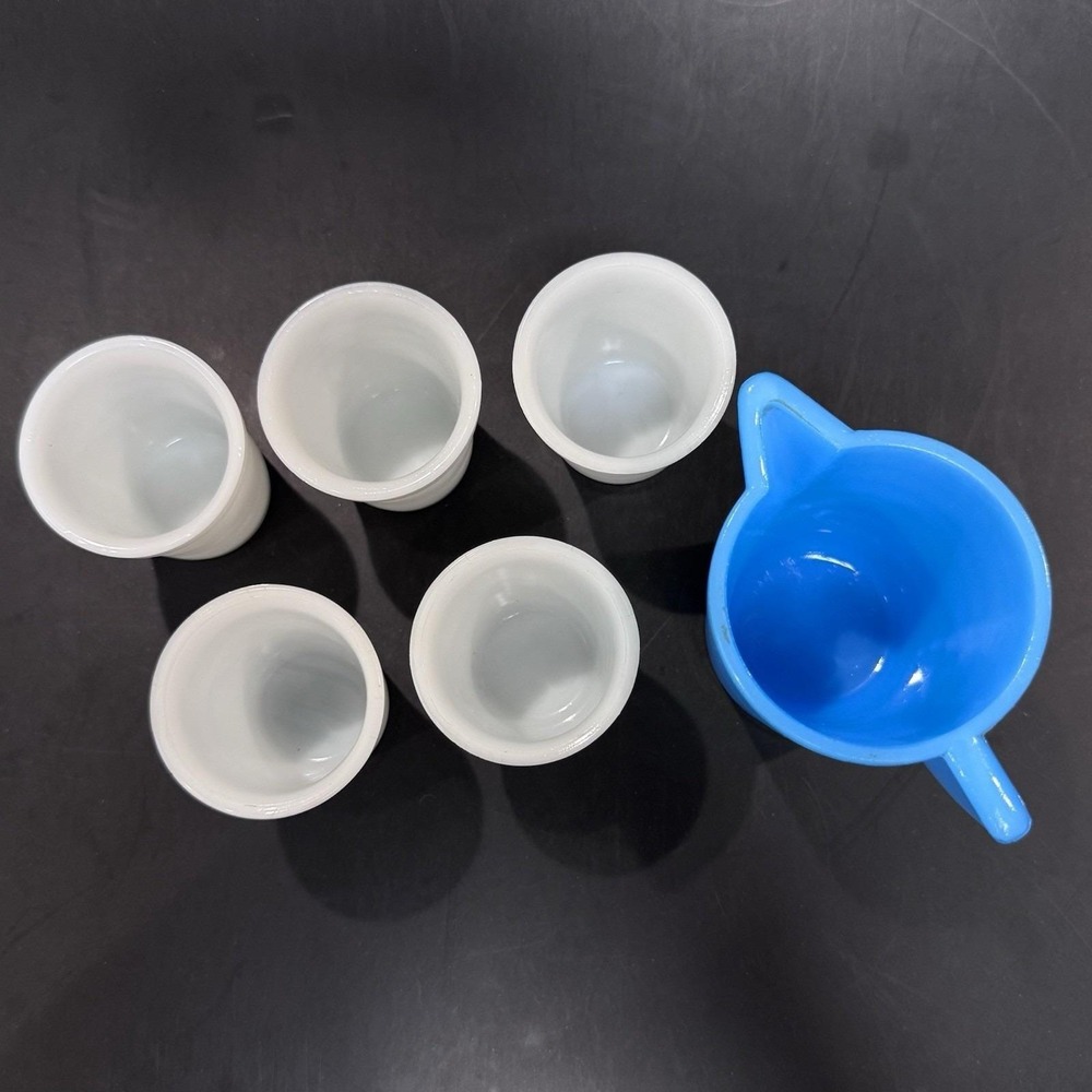 Vintage 30s Child's Glass Toy Dish Set Blue Pitcher & 5 Cups Stacked‎ Rib Relief - Picture 2 of 4